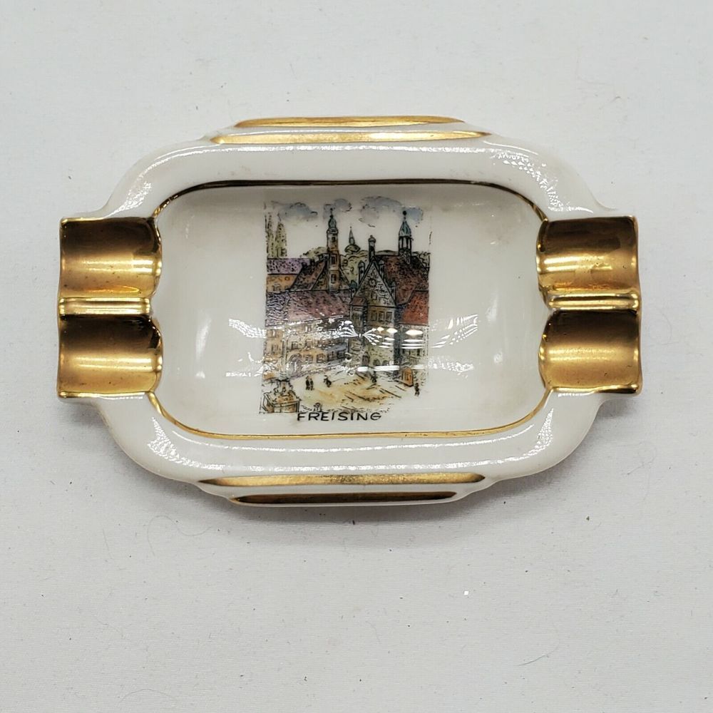 Vintage Freising Porcelain Gold Trim Ashtray Made‎ In Bavaria Germany